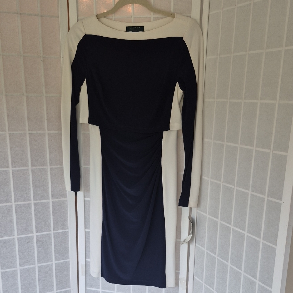 Ralph Lauren Navy and Cream Long Sleeve Dress